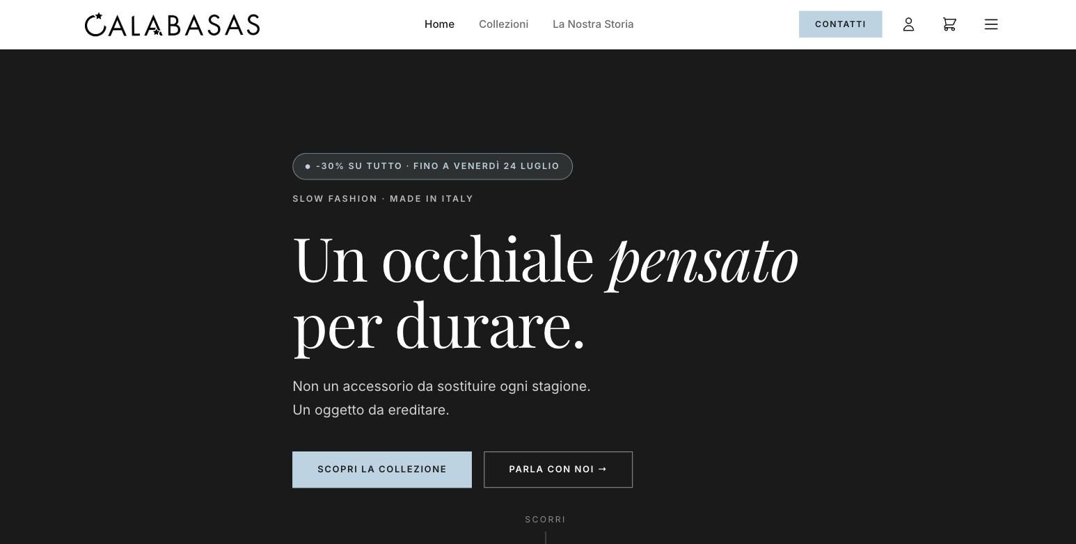 Calabasas Eyewear — E-commerce occhiali artigianali Made in Italy
